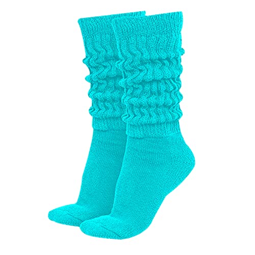 MDR Women's Extra Long Heavy Slouch Cotton Socks Made in USA 1 Pair Size 9 to 11 (Aqua)
